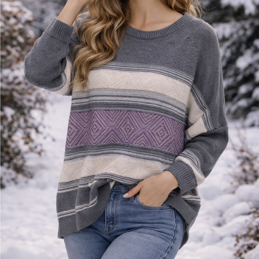 Sonoma Oversized Gray & Purple Striped Crew Neck Sweater Cozy Casual Pullover XL